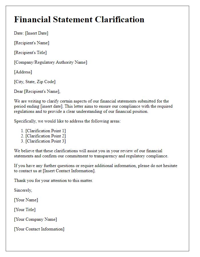 Letter template of financial statement clarification for regulatory compliance