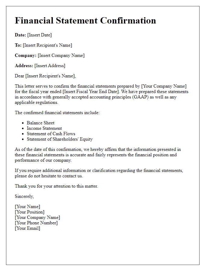 Letter template of financial statement confirmation for external reporting