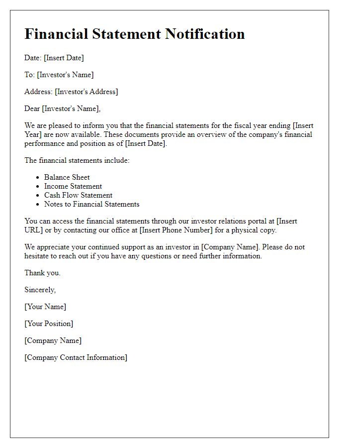 Letter template of financial statement notification for investors