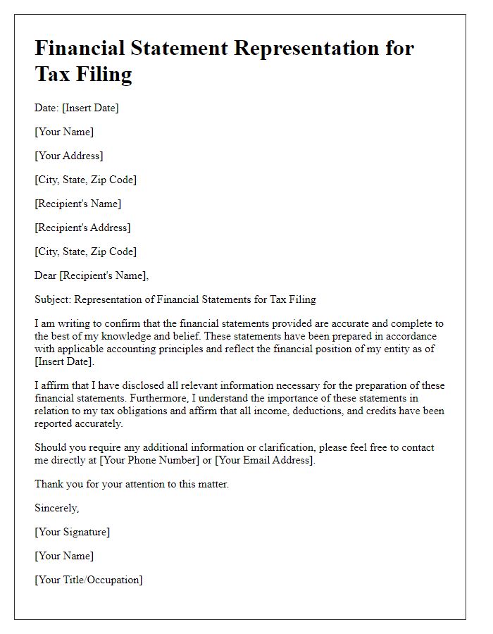 Letter template of financial statement representation for tax filing