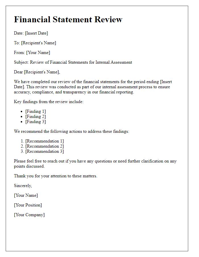 Letter template of financial statement review for internal assessment