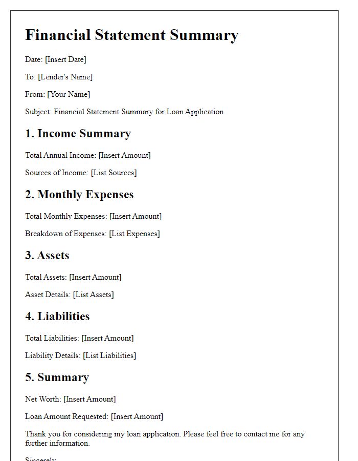 Letter template of financial statement summary for loan application