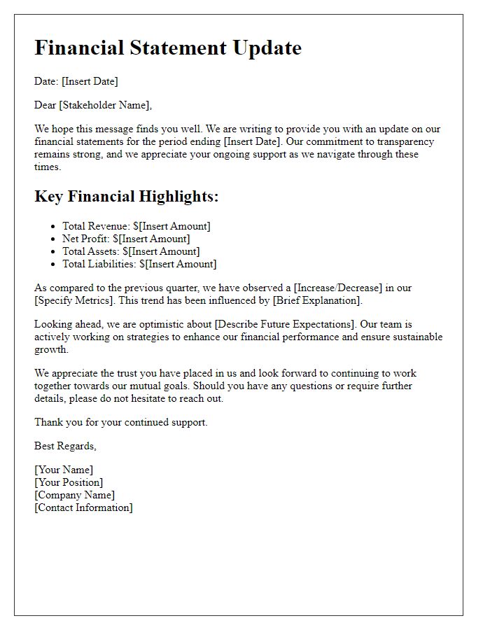 Letter template of financial statement update for stakeholders