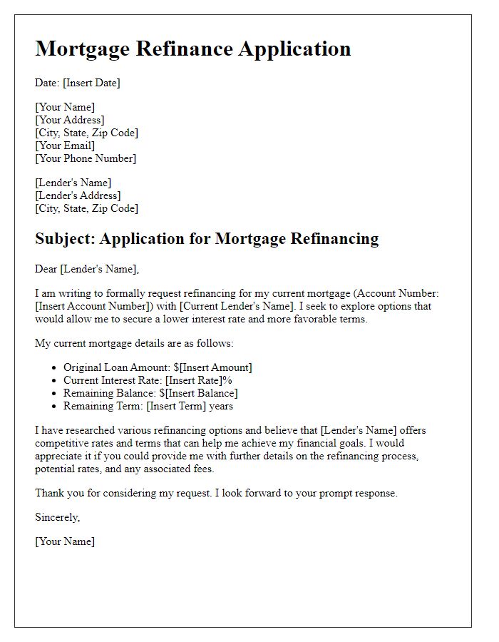 Letter template of application for mortgage refinancing details