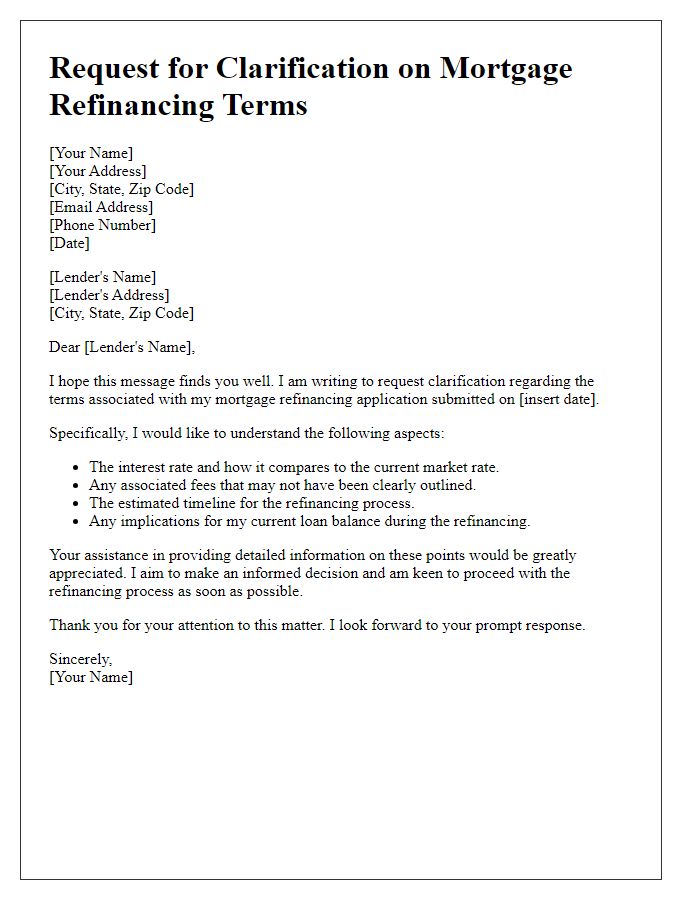 Letter template of clarification request on mortgage refinancing terms