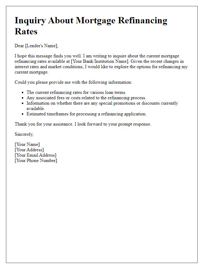 Letter template of question about mortgage refinancing rates