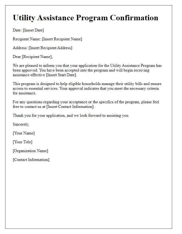 Letter template of confirmation for acceptance into utility assistance program