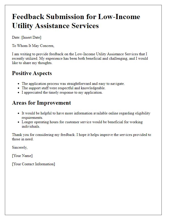 Letter template of feedback submission for low-income utility assistance services