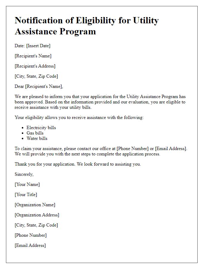 Letter template of notification for eligibility in utility assistance program