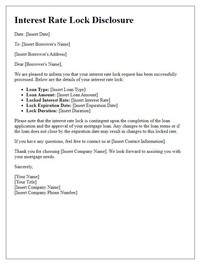 Letter template of interest rate lock disclosure