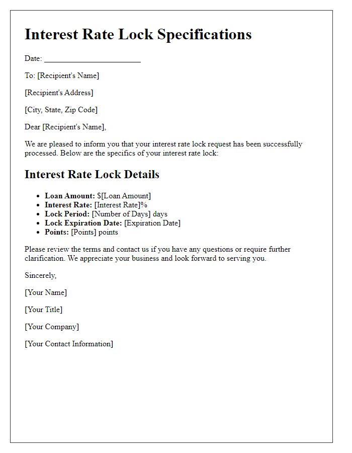 Letter template of interest rate lock specifications