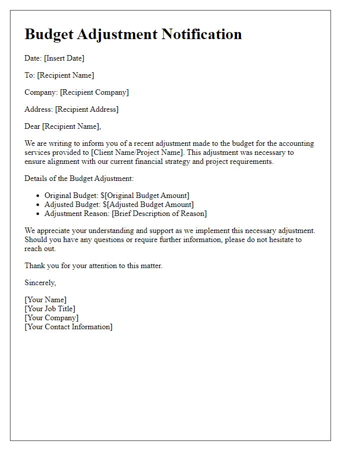 Letter template of budget adjustment notification for accounting service