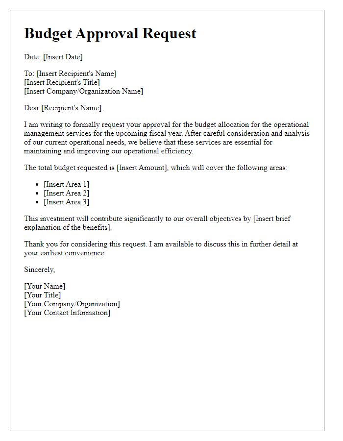 Letter template of budget approval request for operational management service