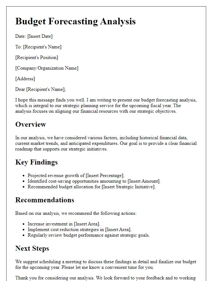 Letter template of budget forecasting analysis for strategic planning service