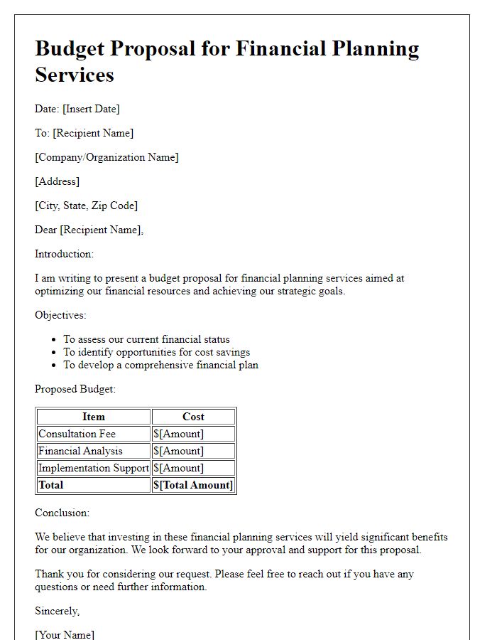 Letter template of budget proposal for financial planning service