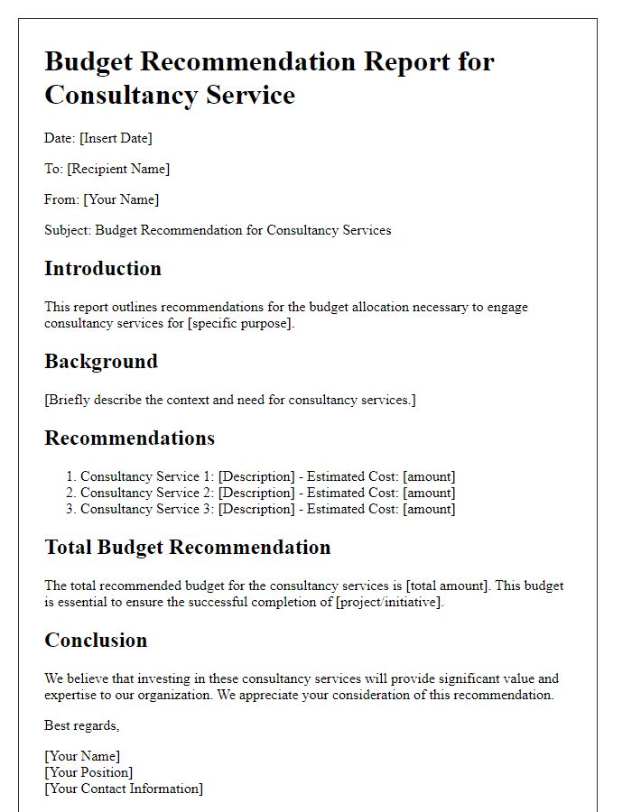 Letter template of budget recommendation report for consultancy service