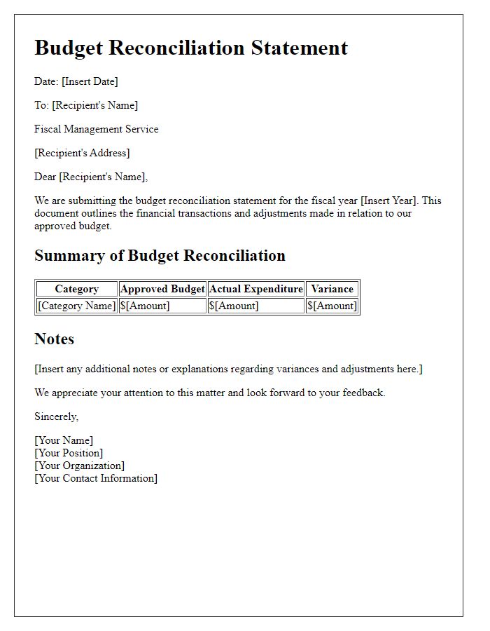 Letter template of budget reconciliation statement for fiscal management service