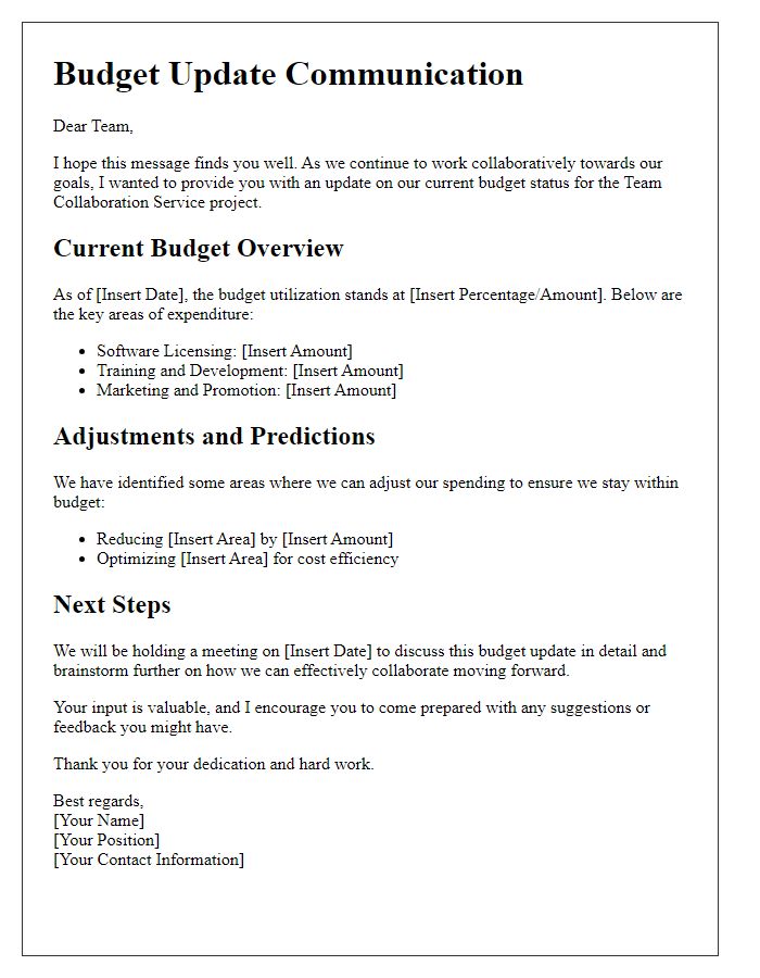 Letter template of budget update communication for team collaboration service