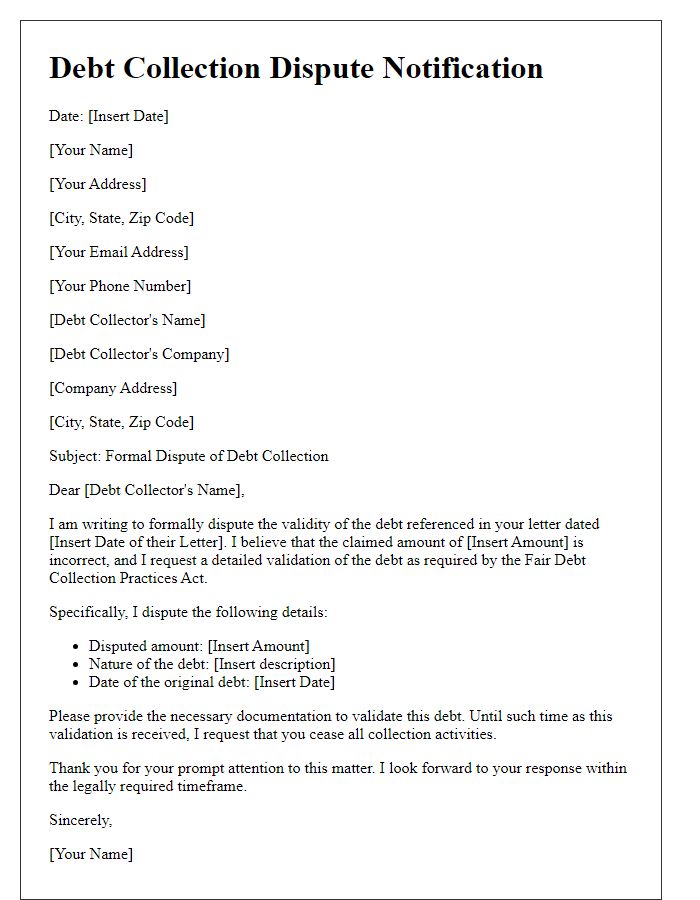 Letter template of formal debt collection dispute notification