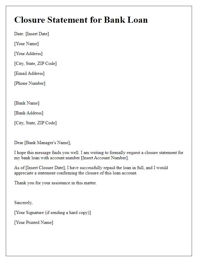 Letter template of Closure Statement for Bank Loan