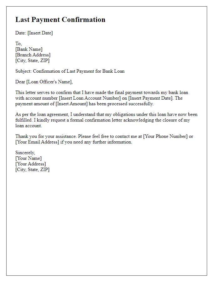 Letter template of Last Payment Confirmation for Bank Loan