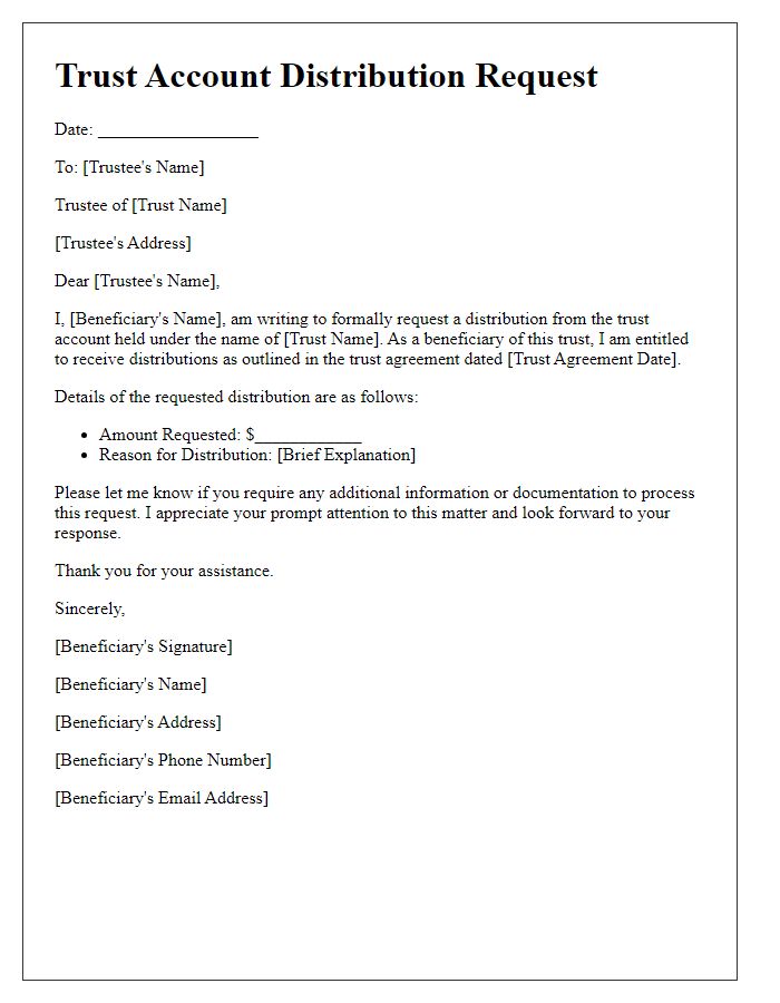 Letter template of trust account distribution request for beneficiaries.