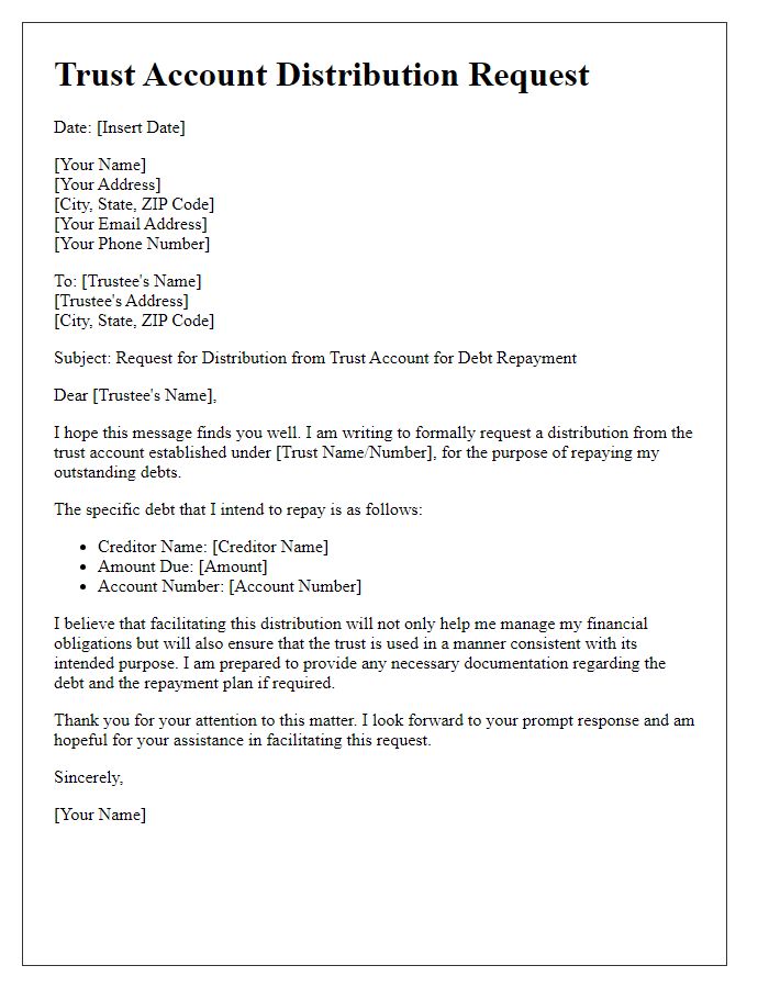 Letter template of trust account distribution request for debt repayment.