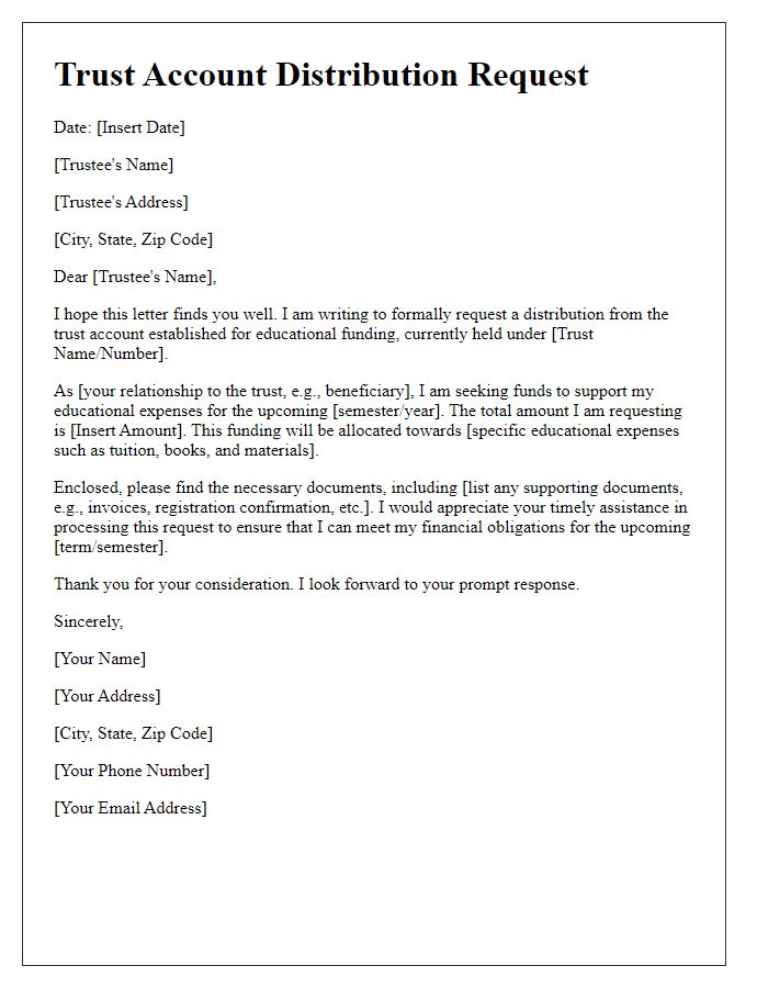 Letter template of trust account distribution request for educational funding.