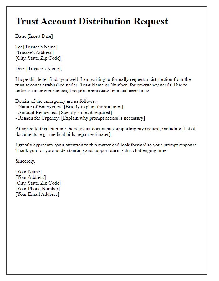 Letter template of trust account distribution request for emergency needs.