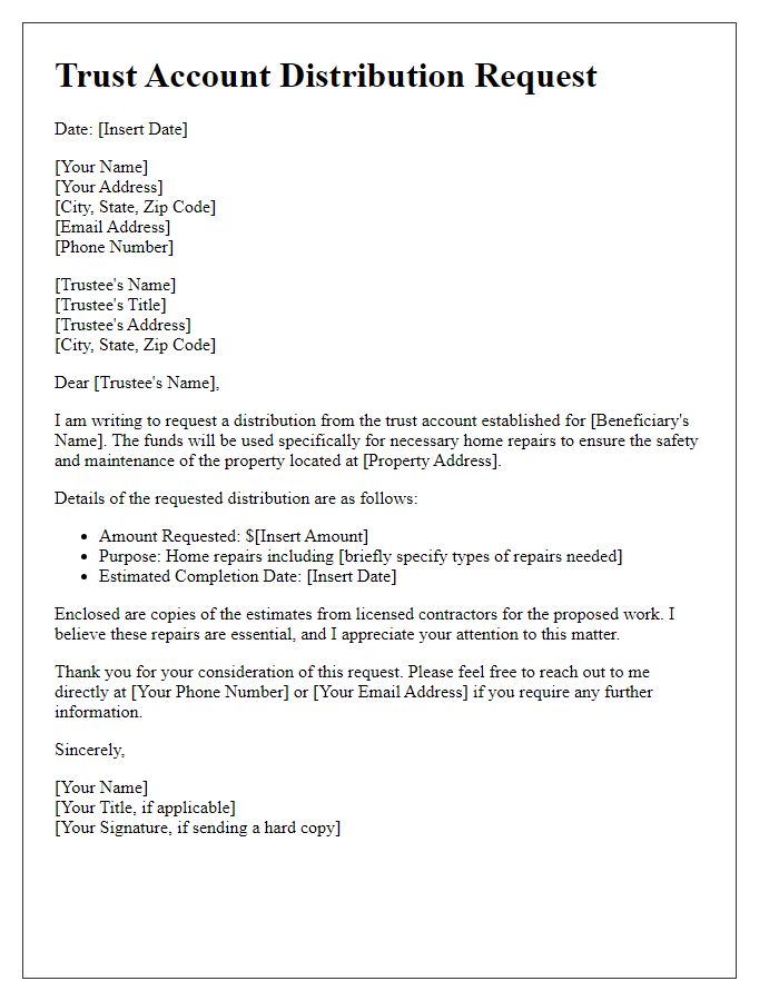 Letter template of trust account distribution request for home repairs.