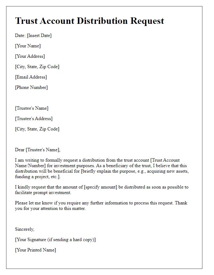 Letter template of trust account distribution request for investment purposes.