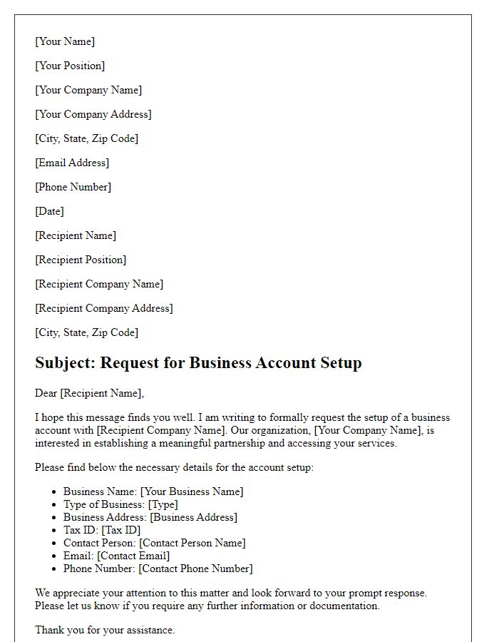 Letter template of business account setup request