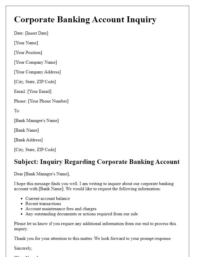 Letter template of corporate banking account inquiry