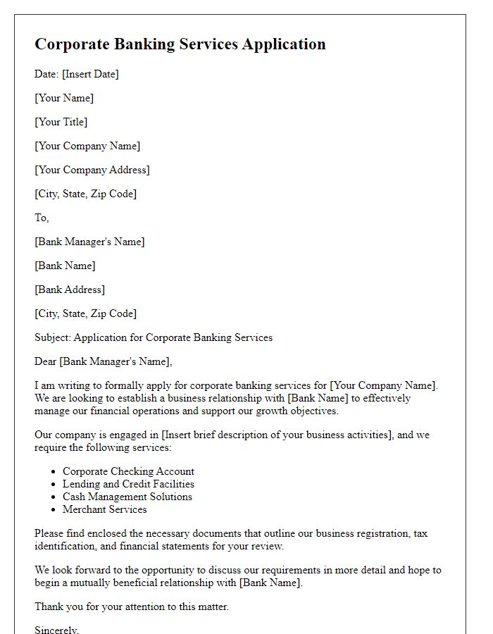 Letter template of corporate banking services application