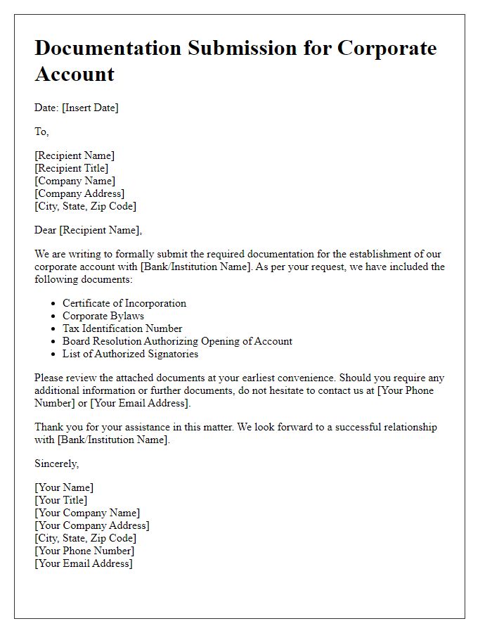 Letter template of documentation submission for corporate account