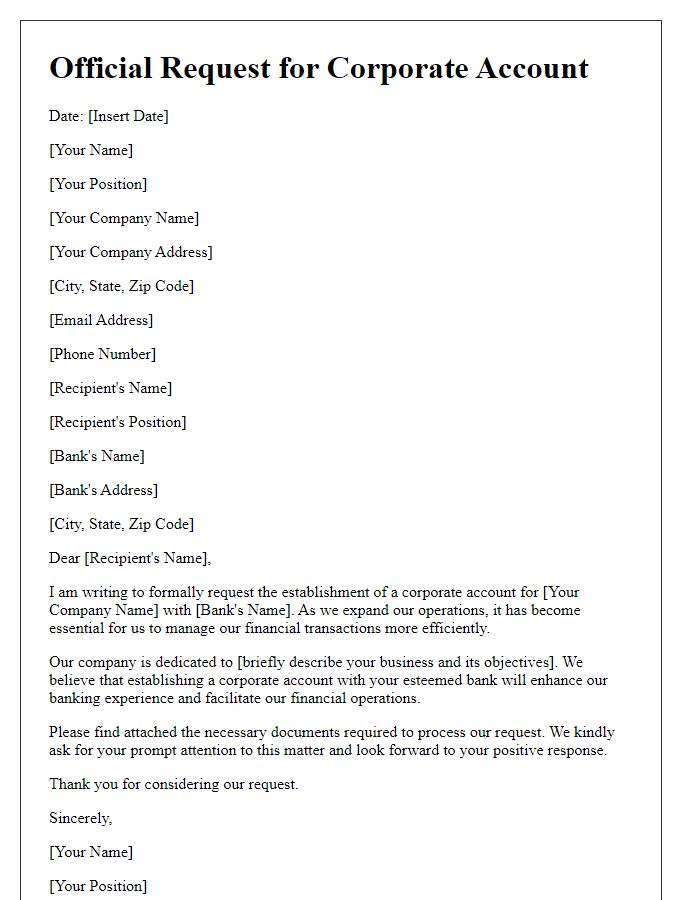 Letter template of official request for corporate account