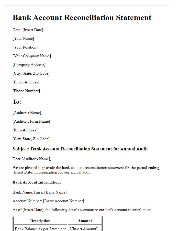 Letter template of bank account reconciliation statement for annual audit