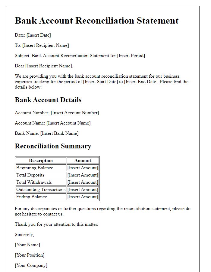 Letter template of bank account reconciliation statement for business expense tracking