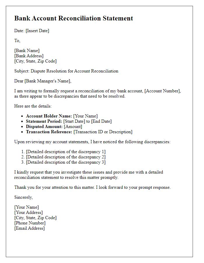 Letter template of bank account reconciliation statement for dispute resolution