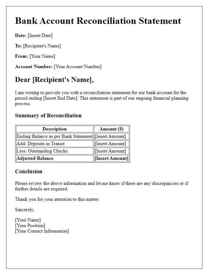 Letter template of bank account reconciliation statement for financial planning purposes