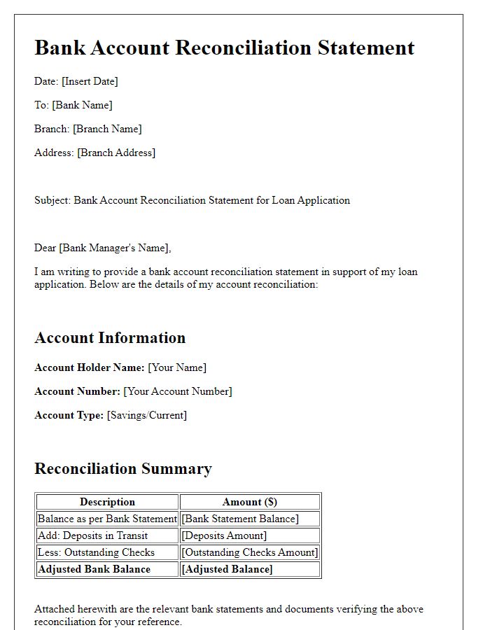 Letter template of bank account reconciliation statement for loan application