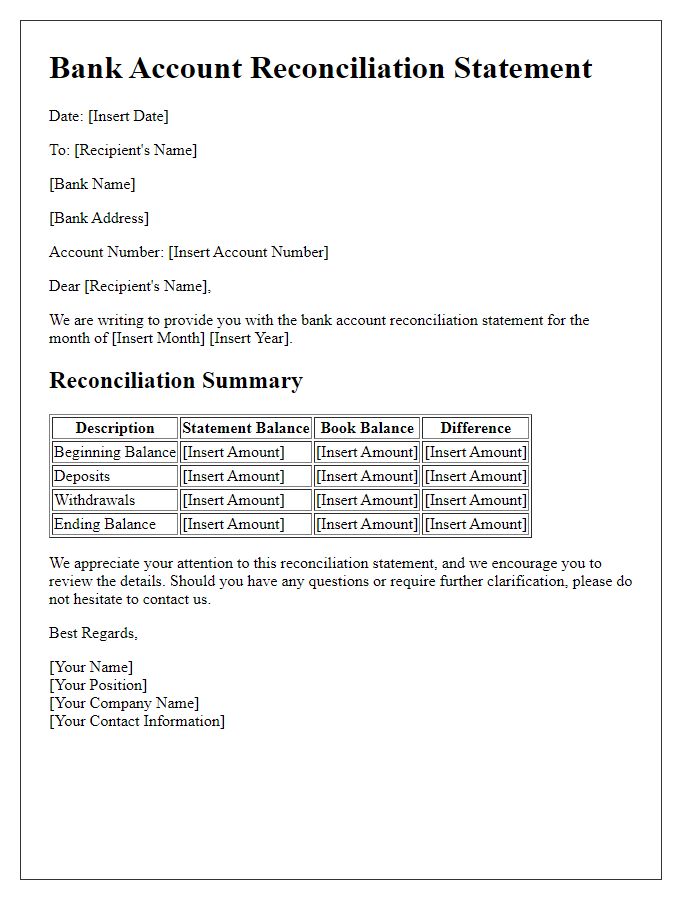 Letter template of bank account reconciliation statement for monthly review