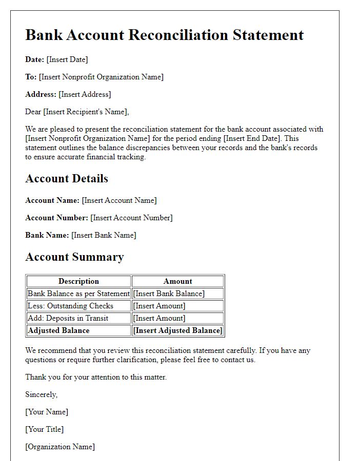 Letter template of bank account reconciliation statement for nonprofit organization