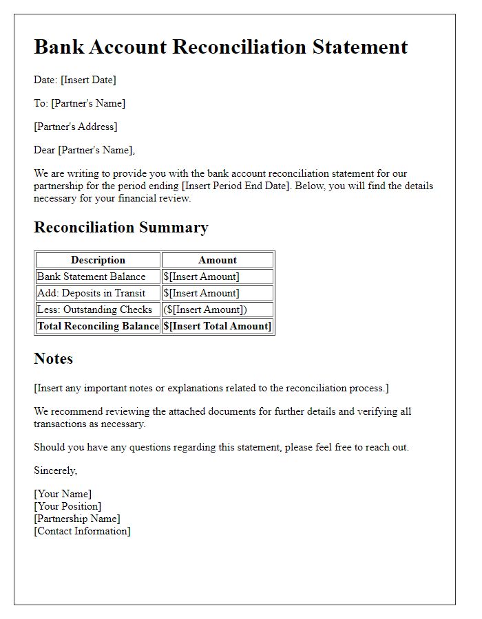 Letter template of bank account reconciliation statement for partnership financial review