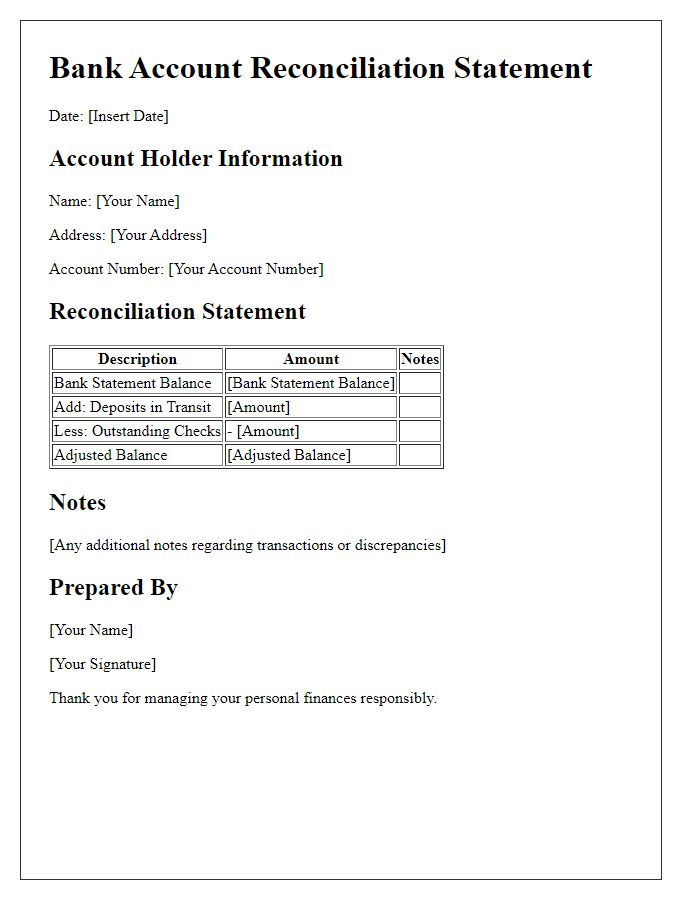 Letter template of bank account reconciliation statement for personal finance management