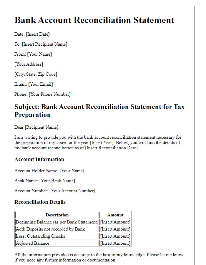 Letter template of bank account reconciliation statement for tax preparation