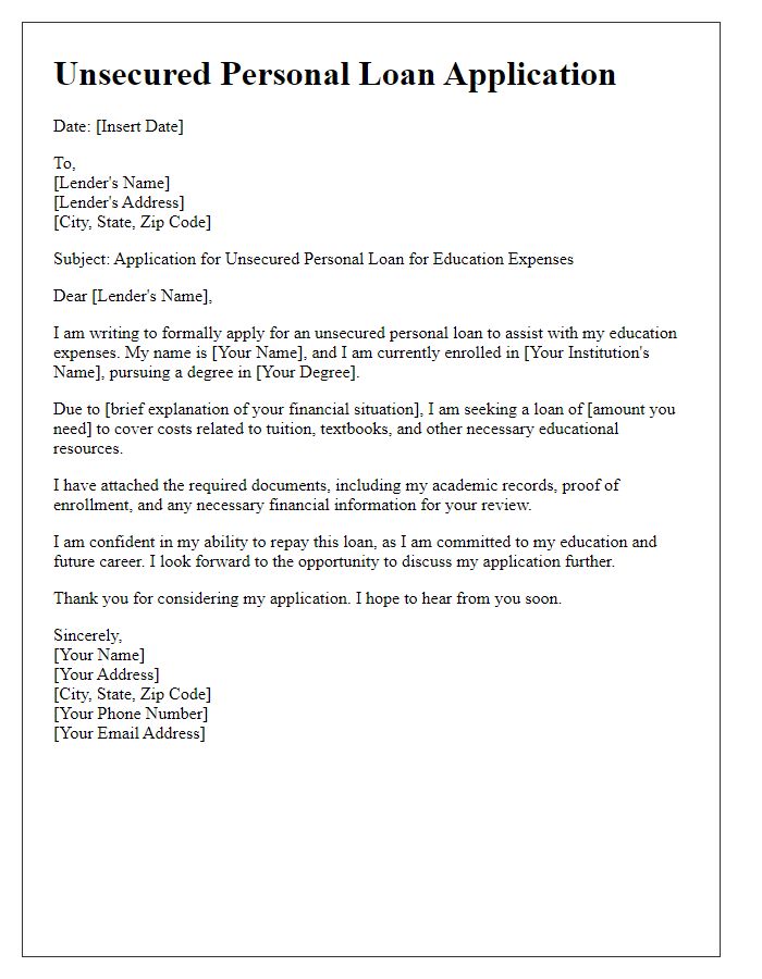 Letter template of unsecured personal loan application for education expenses.