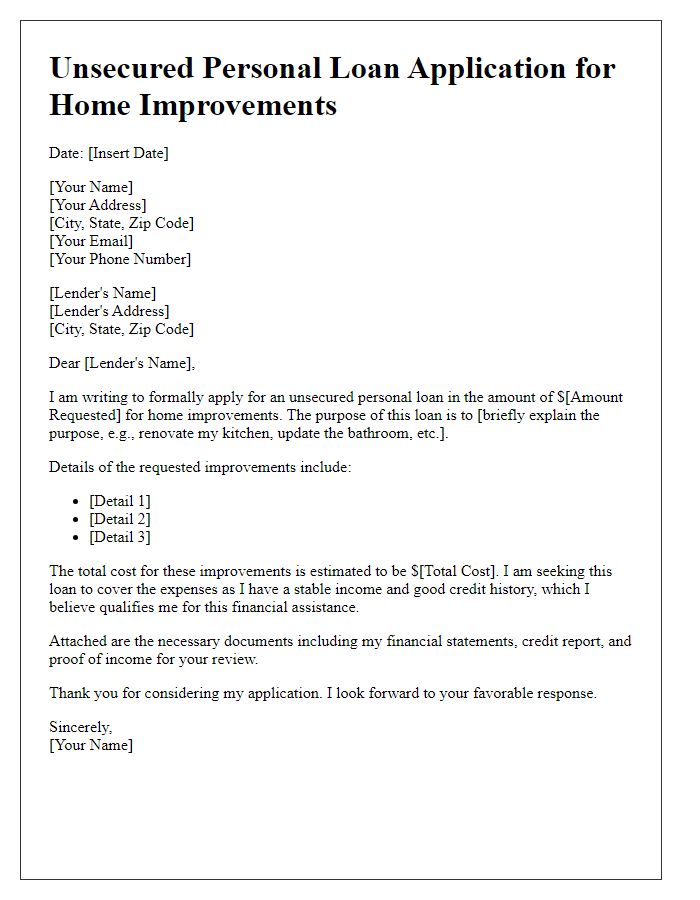 Letter template of unsecured personal loan application for home improvements.