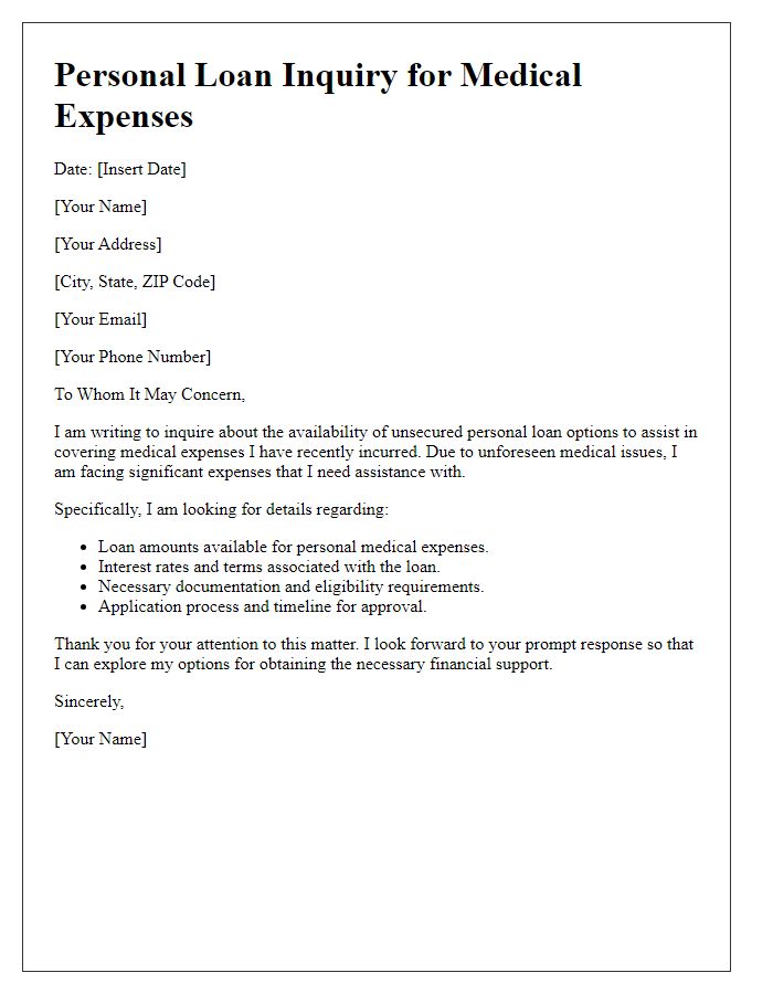 Letter template of unsecured personal loan inquiry for medical expenses.