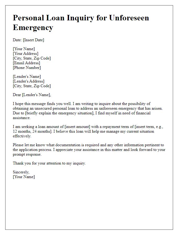 Letter template of unsecured personal loan inquiry for unforeseen emergencies.